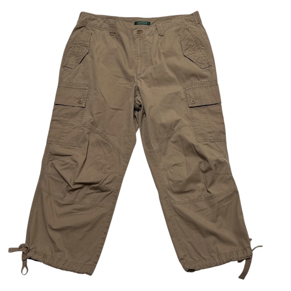Lauren Ralph Lauren Cropped Wide Leg Cargo Pants Adjustable Waist Hem Ties Tan